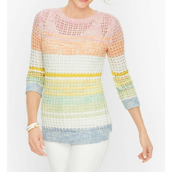 Talbots Open Stitch Cotton Pullover Knit Sweater Pastel Stripes Size Large Petit - Picture 7 of 12